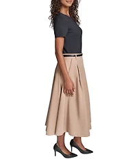 KARL LAGERFELD PARIS Refined Jersey Crew Neck Short Sleeve Belted Midi Dress