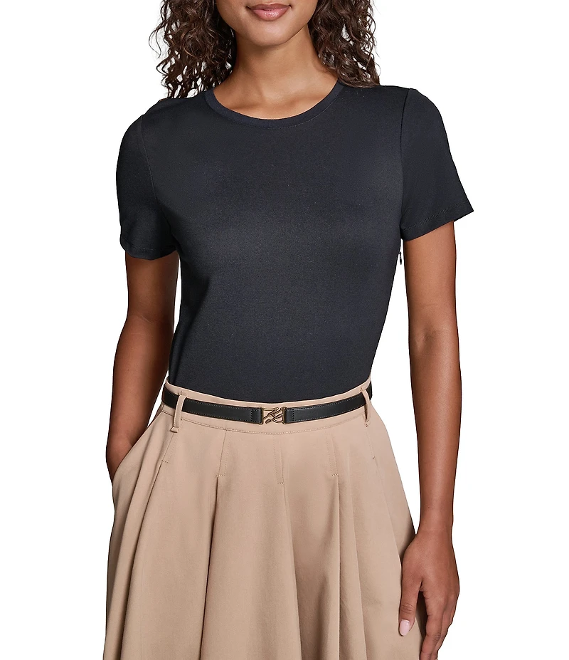 KARL LAGERFELD PARIS Refined Jersey Crew Neck Short Sleeve Belted Midi Dress