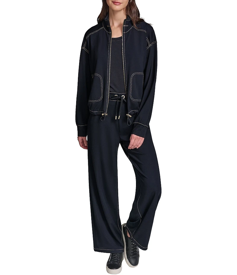 KARL LAGERFELD PARIS Refined Jersey Mock Neck Long Sleeve Bomber Jacket