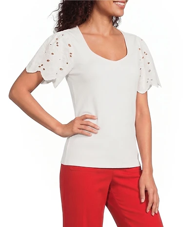 KARL LAGERFELD PARIS Rib Knit V-Neck Short Sleeve Top