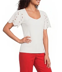 KARL LAGERFELD PARIS Rib Knit V-Neck Short Sleeve Top