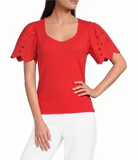 KARL LAGERFELD PARIS Rib Knit V-Neck Short Sleeve Top