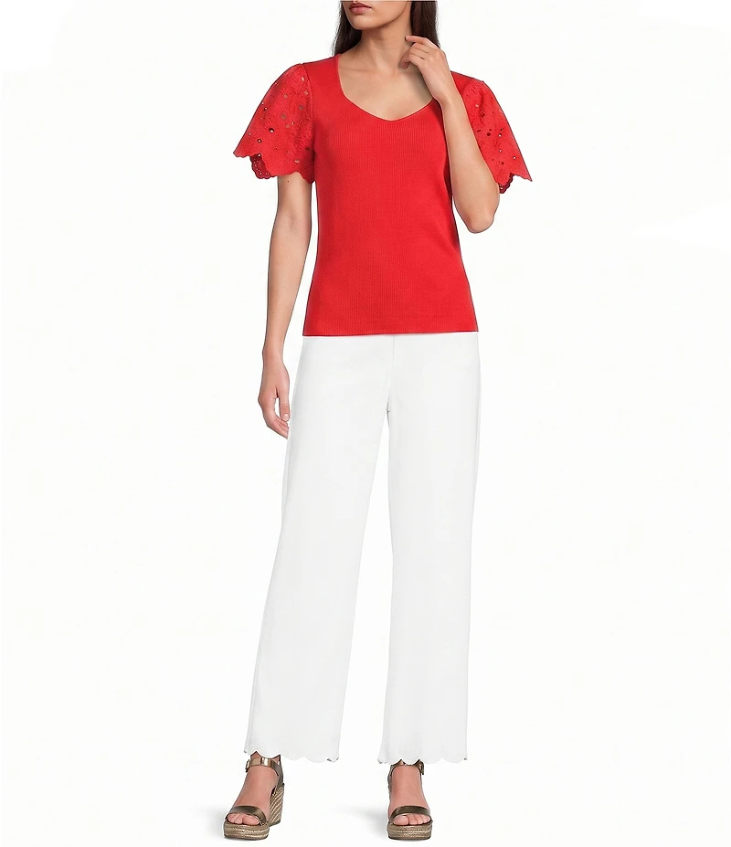 KARL LAGERFELD PARIS Rib Knit V-Neck Short Sleeve Top