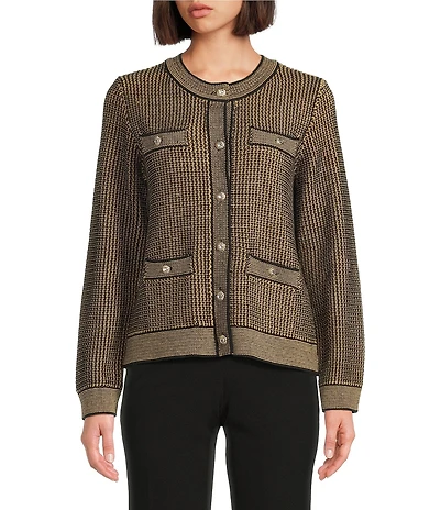KARL LAGERFELD PARIS Ribbed Knit Crew Neck Long Sleeve Cardigan