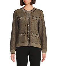 KARL LAGERFELD PARIS Ribbed Knit Crew Neck Long Sleeve Cardigan