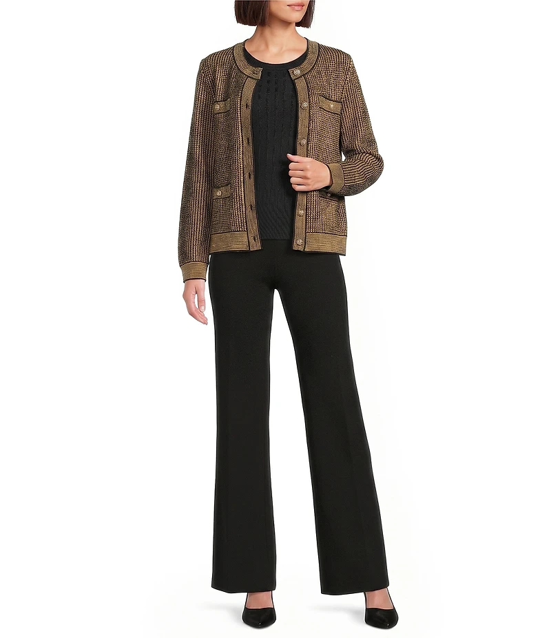 KARL LAGERFELD PARIS Ribbed Knit Crew Neck Long Sleeve Cardigan