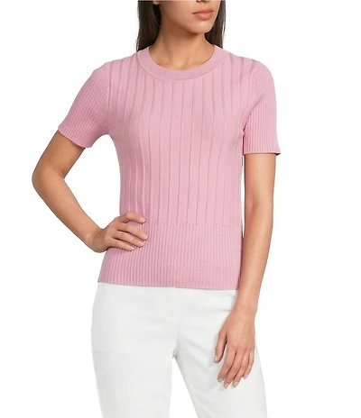KARL LAGERFELD PARIS Ribbed Knit Crew Neck Short Sleeve Sweater