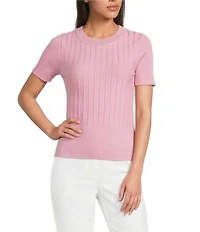 KARL LAGERFELD PARIS Ribbed Knit Crew Neck Short Sleeve Sweater