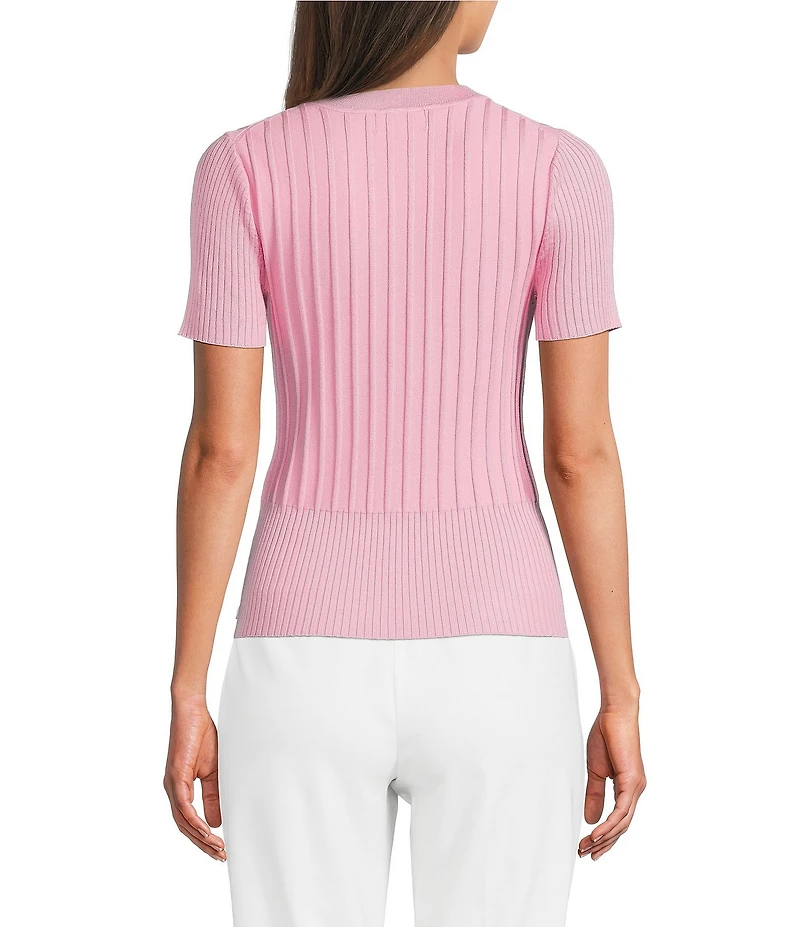 KARL LAGERFELD PARIS Ribbed Knit Crew Neck Short Sleeve Sweater