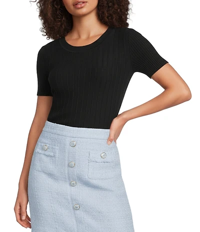 KARL LAGERFELD PARIS Ribbed Knit Crew Neck Short Sleeve Sweater