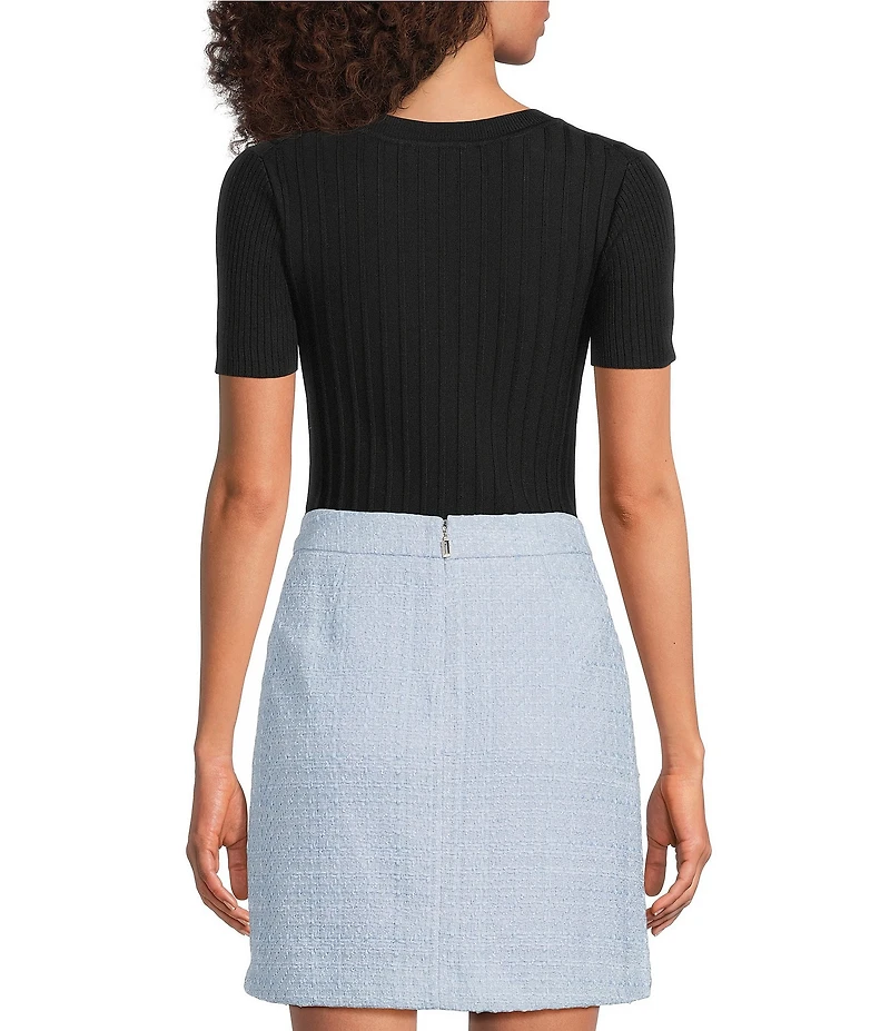 KARL LAGERFELD PARIS Ribbed Knit Crew Neck Short Sleeve Sweater