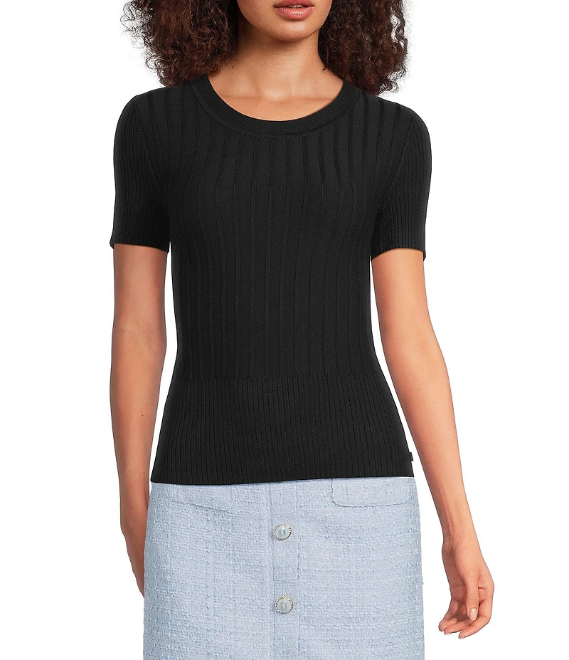 KARL LAGERFELD PARIS Ribbed Knit Crew Neck Short Sleeve Sweater
