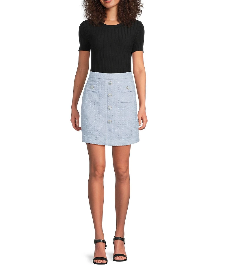 KARL LAGERFELD PARIS Ribbed Knit Crew Neck Short Sleeve Sweater