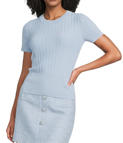 KARL LAGERFELD PARIS Ribbed Knit Crew Neck Short Sleeve Sweater