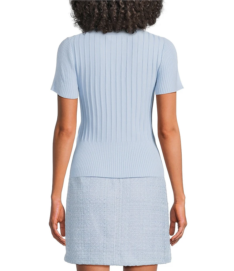 KARL LAGERFELD PARIS Ribbed Knit Crew Neck Short Sleeve Sweater