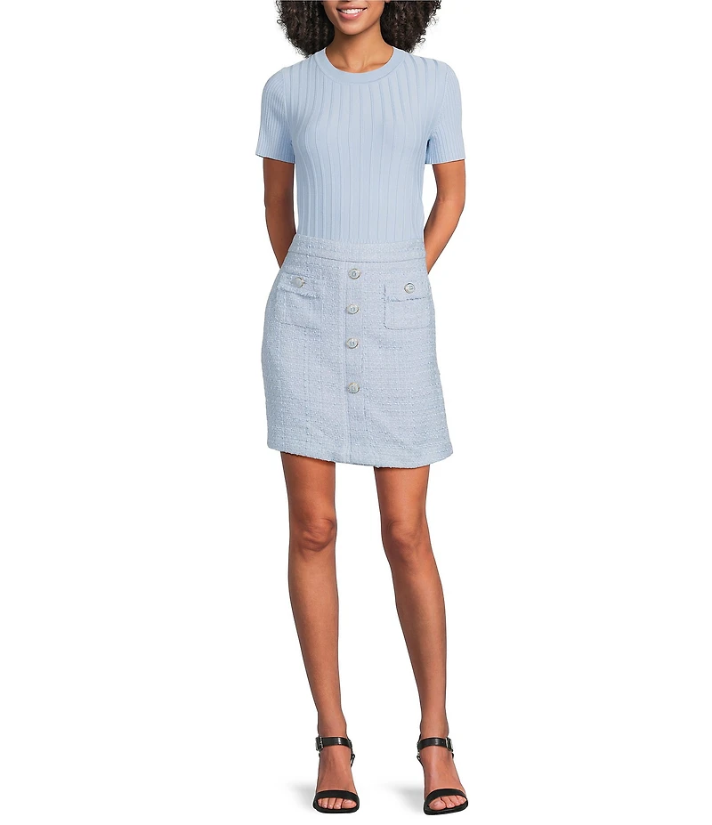 KARL LAGERFELD PARIS Ribbed Knit Crew Neck Short Sleeve Sweater