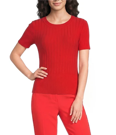 KARL LAGERFELD PARIS Ribbed Knit Crew Neck Short Sleeve Sweater Top