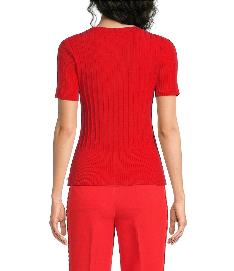 KARL LAGERFELD PARIS Ribbed Knit Crew Neck Short Sleeve Sweater Top