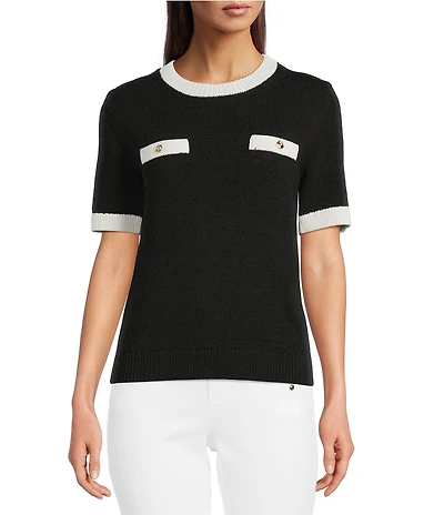 KARL LAGERFELD PARIS Ribbed Knit Crew Neck Short Sleeve Sweater Top