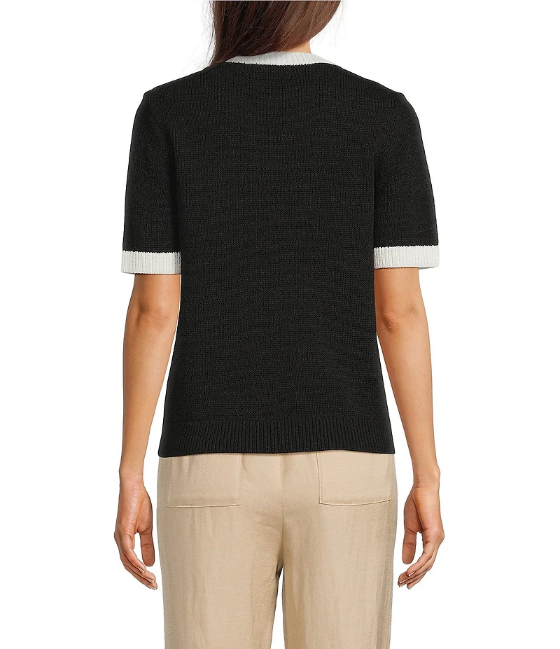KARL LAGERFELD PARIS Ribbed Knit Crew Neck Short Sleeve Sweater Top