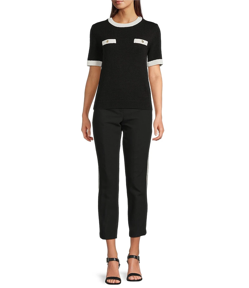 KARL LAGERFELD PARIS Ribbed Knit Crew Neck Short Sleeve Sweater Top