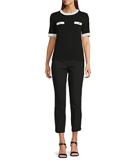 KARL LAGERFELD PARIS Ribbed Knit Crew Neck Short Sleeve Sweater Top