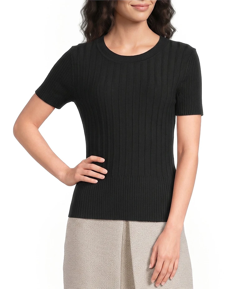 KARL LAGERFELD PARIS Ribbed Knit Crew Neck Short Sleeve Sweater Top