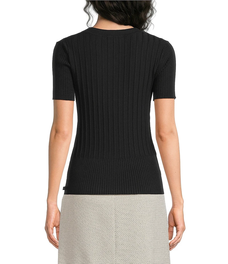 KARL LAGERFELD PARIS Ribbed Knit Crew Neck Short Sleeve Sweater Top