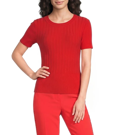 KARL LAGERFELD PARIS Ribbed Knit Crew Neck Short Sleeve Sweater Top