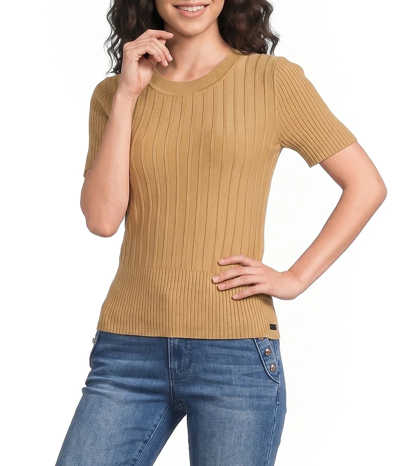 KARL LAGERFELD PARIS Ribbed Knit Crew Neck Short Sleeve Sweater Top