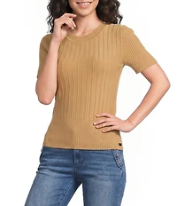 KARL LAGERFELD PARIS Ribbed Knit Crew Neck Short Sleeve Sweater Top