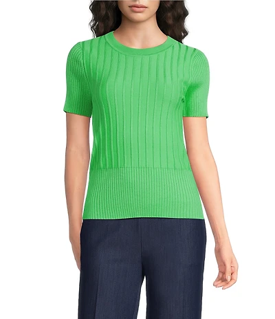 KARL LAGERFELD PARIS Ribbed Knit Crew Neck Short Sleeve Sweater Top