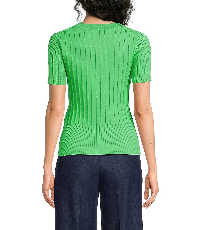 KARL LAGERFELD PARIS Ribbed Knit Crew Neck Short Sleeve Sweater Top