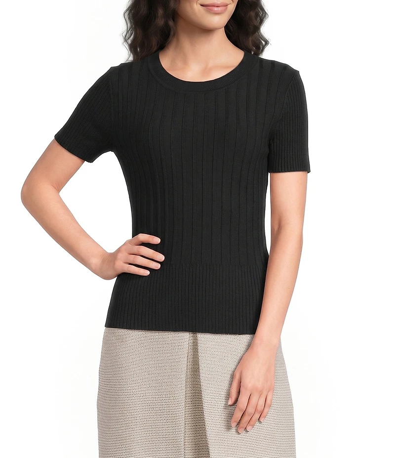 KARL LAGERFELD PARIS Ribbed Knit Crew Neck Short Sleeve Sweater Top