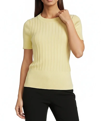 KARL LAGERFELD PARIS Ribbed Knit Crew Neck Short Sleeve Top