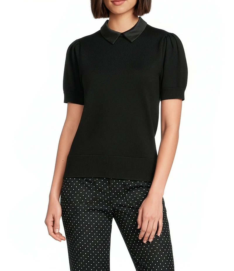 KARL LAGERFELD PARIS Ribbed Knit Point Collar Short Sleeve Sweater Top