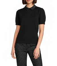 KARL LAGERFELD PARIS Ribbed Knit Point Collar Short Sleeve Sweater Top