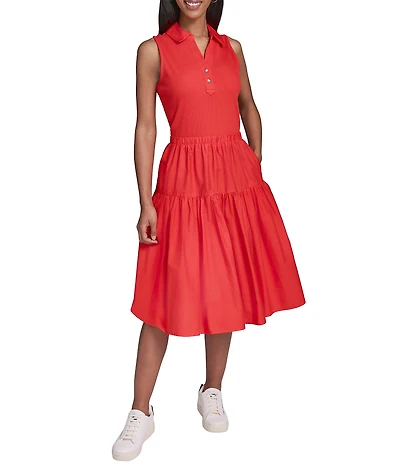 KARL LAGERFELD PARIS Ribbed Knit Polo Collar Sleeveless Tank Dress