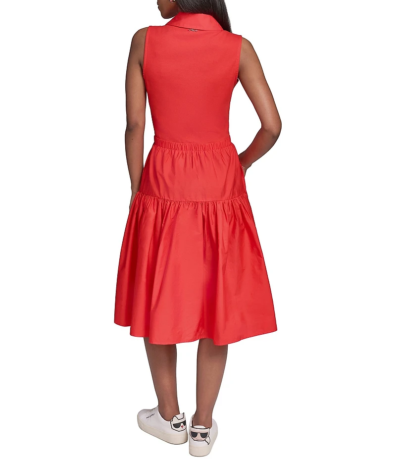 KARL LAGERFELD PARIS Ribbed Knit Polo Collar Sleeveless Tank Dress