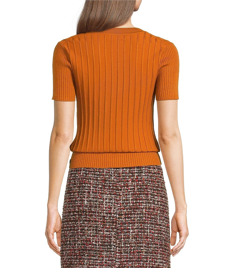 KARL LAGERFELD PARIS Ribbed Knit Round Neck Short Sleeve Sweater Top