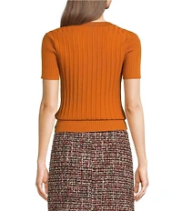 KARL LAGERFELD PARIS Ribbed Knit Round Neck Short Sleeve Sweater Top