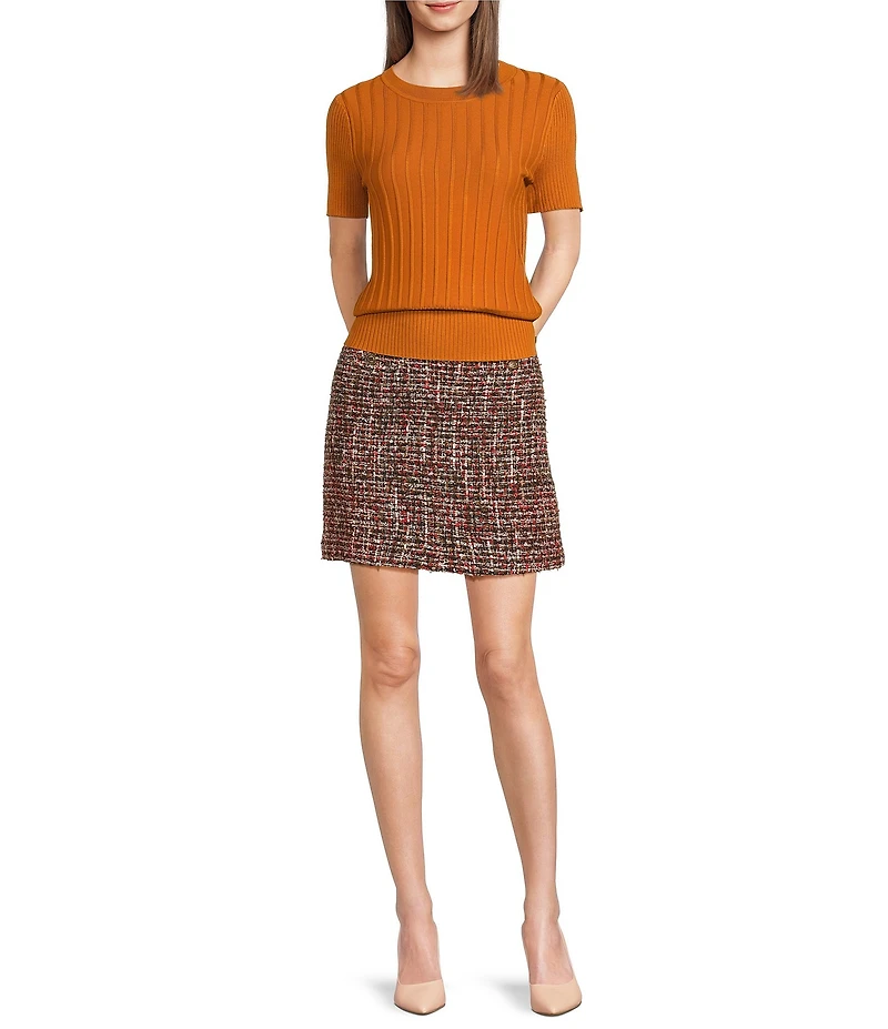 KARL LAGERFELD PARIS Ribbed Knit Round Neck Short Sleeve Sweater Top