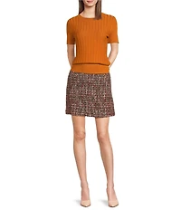 KARL LAGERFELD PARIS Ribbed Knit Round Neck Short Sleeve Sweater Top