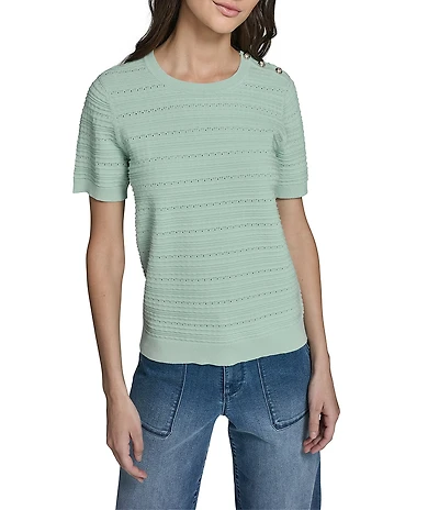 KARL LAGERFELD PARIS Ribbed Knit Round Neck Short Sleeve Top