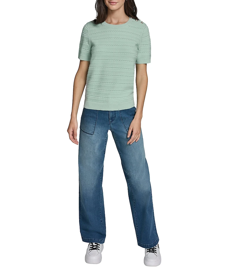 KARL LAGERFELD PARIS Ribbed Knit Round Neck Short Sleeve Top