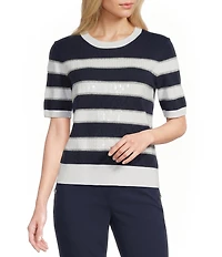 KARL LAGERFELD PARIS Ribbed Knit Striped Round Neck Short Sleeve Top