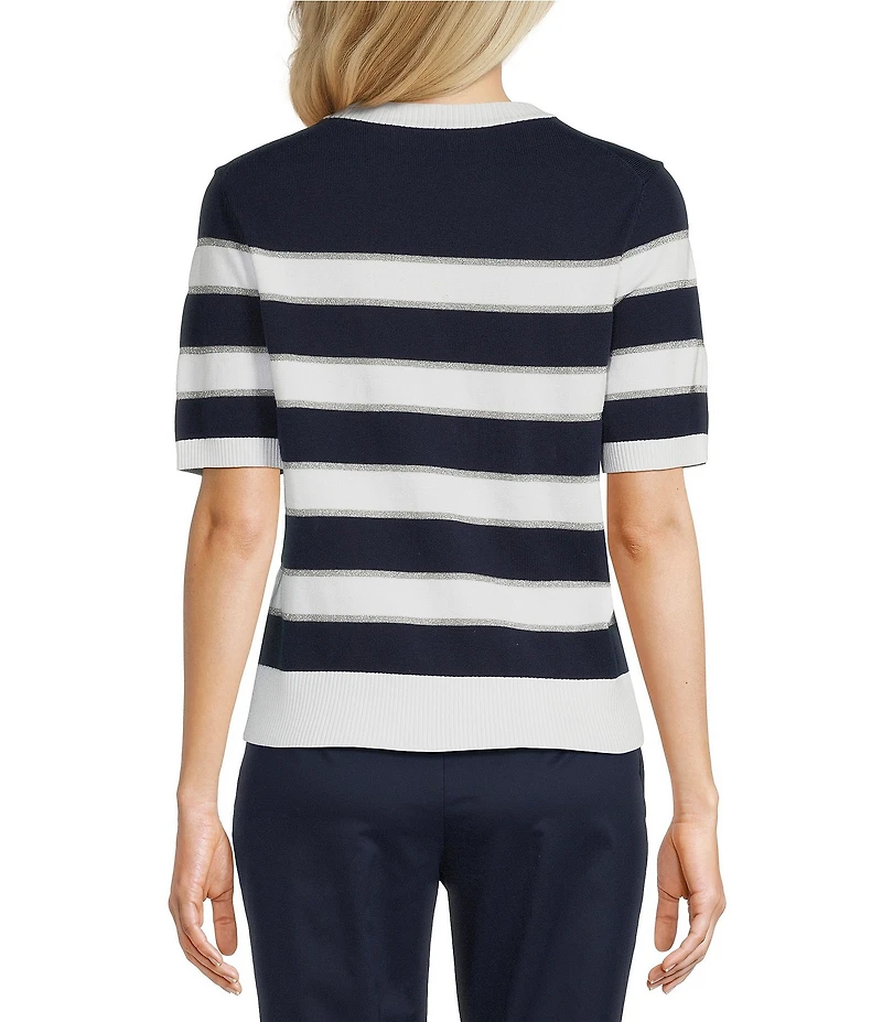 KARL LAGERFELD PARIS Ribbed Knit Striped Round Neck Short Sleeve Top