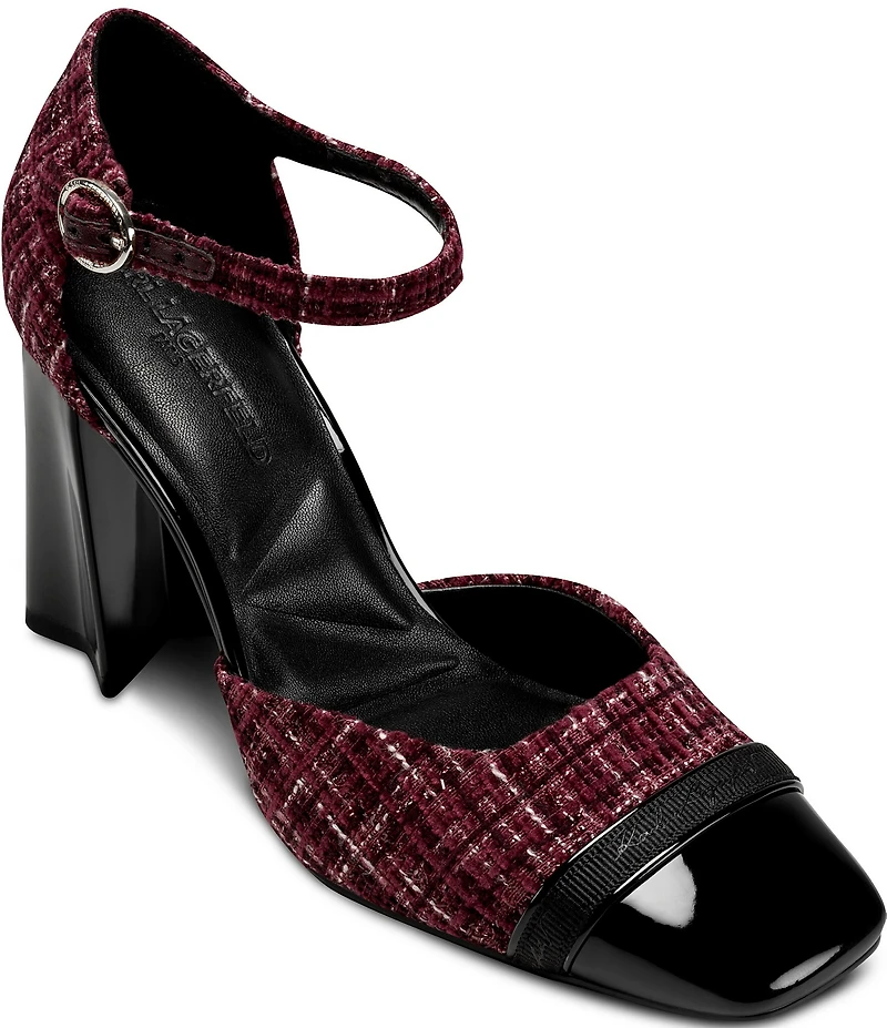 KARL LAGERFELD PARIS Sapphira Plaid Block Heel Ankle Wrap Pumps