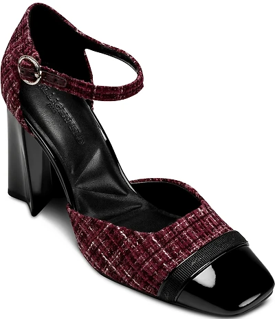 KARL LAGERFELD PARIS Sapphira Plaid Block Heel Ankle Wrap Pumps