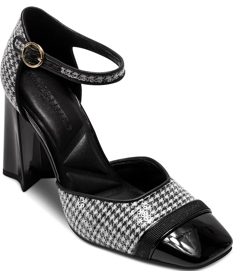 KARL LAGERFELD PARIS Sapphira Sequin Houndstooth Block Heel Ankle Wrap Pumps